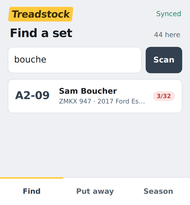 Searching for “doucette” returns one set at shelf A1-04.
